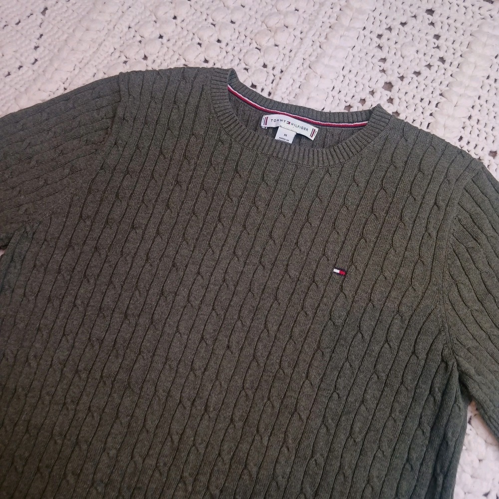 Tommy Hilfiger Green Slim Fit Cotton Cable Knit Short Sleeve Sweater Womens M